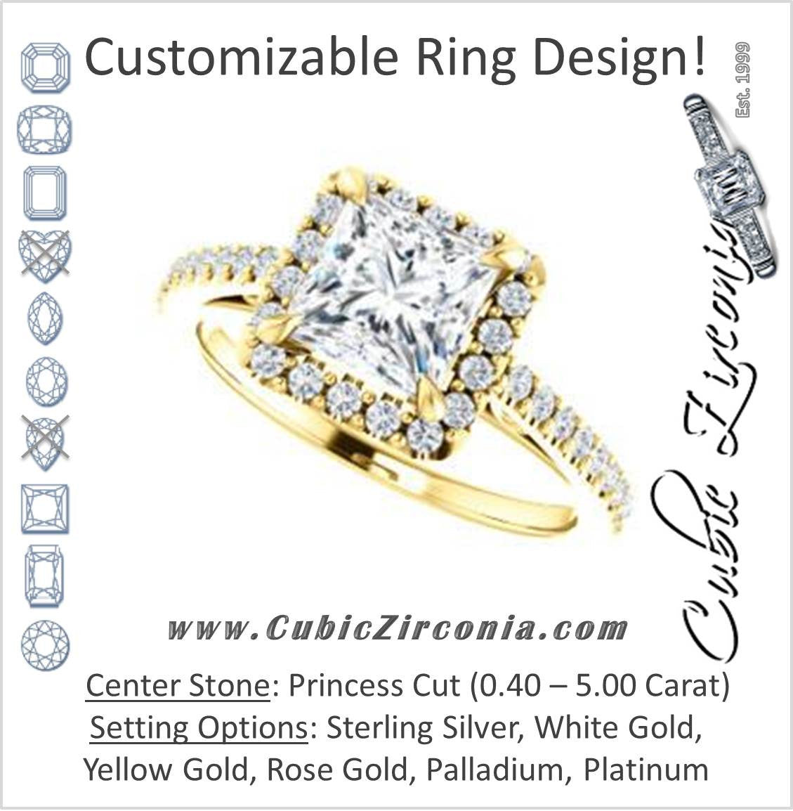 Cubic Zirconia Engagement Ring- The Sunshine (Customizable Princess Cut Halo Design with Vintage Cathedral Trellis and Thin Pavé Band)