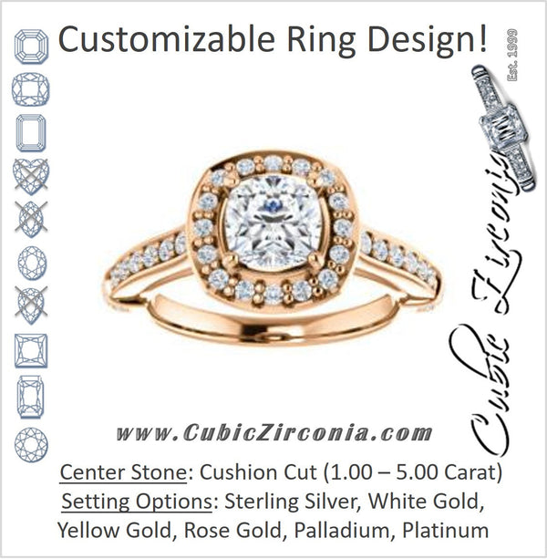 Cubic Zirconia Engagement Ring- The Susie Pat (Customizable Cathedral-set Cushion Cut with Halo, Pavé and Horizontal Band Accents)