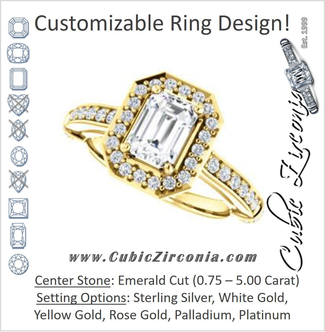 Cubic Zirconia Engagement Ring- The Susie Pat (Customizable Cathedral-set Emerald Cut with Halo, Pavé and Horizontal Band Accents)