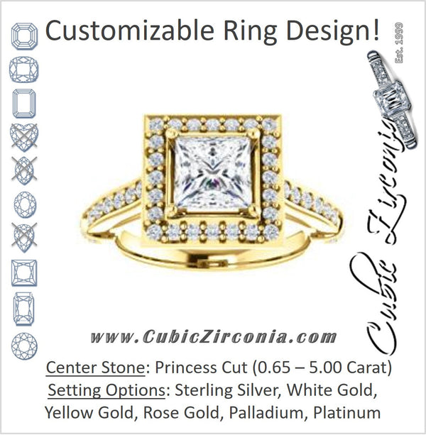 Cubic Zirconia Engagement Ring- The Susie Pat (Customizable Cathedral-set Princess Cut with Halo, Pavé and Horizontal Band Accents)