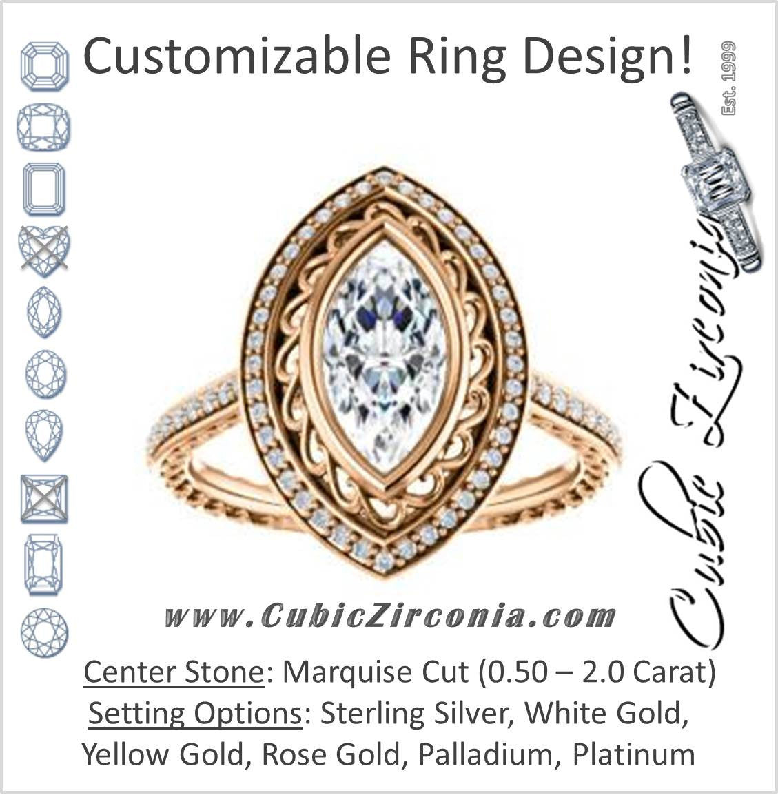 Cubic Zirconia Engagement Ring- The Sydney Ava (Customizable Cathedral-Bezel Marquise Cut Filigreed Design with Halo & Pavé Accents)