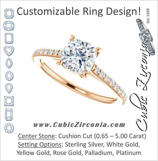 Cubic Zirconia Engagement Ring- The Tanisha (Customizable Cathedral-set Cushion Cut Design with Thin Pavé Band)