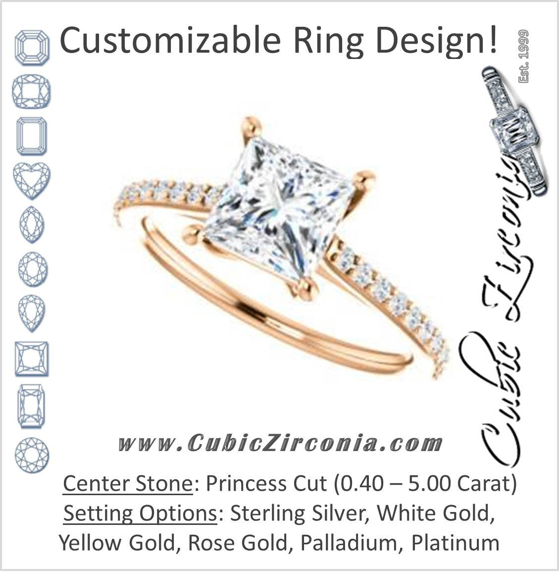 Cubic Zirconia Engagement Ring- The Tanisha (Customizable Cathedral-set Princess Cut Design with Thin Pavé Band)