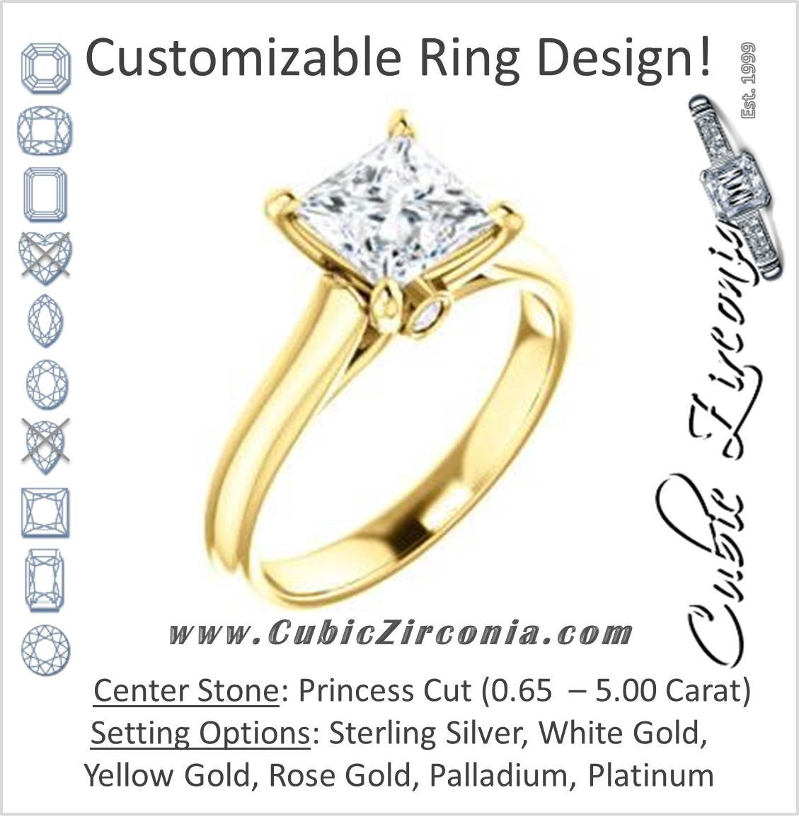 Cubic Zirconia Engagement Ring- The Tawanda (Customizable Princess Cut Cathedral Setting with Peekaboo Accents)