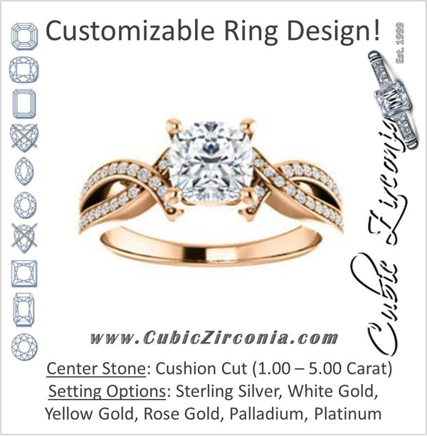 Cubic Zirconia Engagement Ring- The Tawny (Customizable Cushion Cut Bypass Pavé Split-Band with Twist)