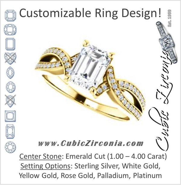 Cubic Zirconia Engagement Ring- The Tawny (Customizable Emerald Cut Bypass Pavé Split-Band with Twist)