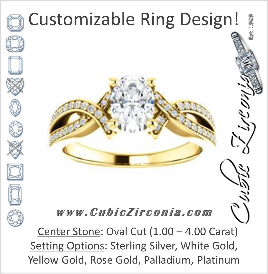 Cubic Zirconia Engagement Ring- The Tawny (Customizable Oval Cut Bypass Pavé Split-Band with Twist)