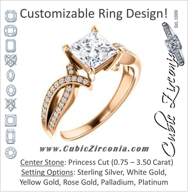 Cubic Zirconia Engagement Ring- The Tawny (Customizable Princess Cut Bypass Pavé Split-Band with Twist)