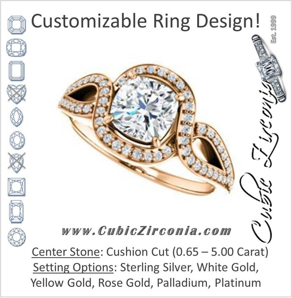 Cubic Zirconia Engagement Ring- The Taylor Ann (Customizable Cushion Cut Center with Twisting Halo & Wide Split-Pavé Band)