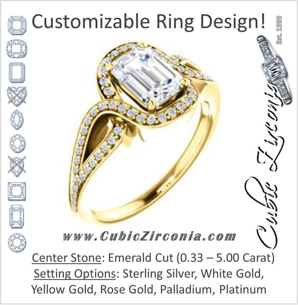 Cubic Zirconia Engagement Ring- The Taylor Ann (Customizable Emerald Cut Center with Twisting Halo & Wide Split-Pavé Band)