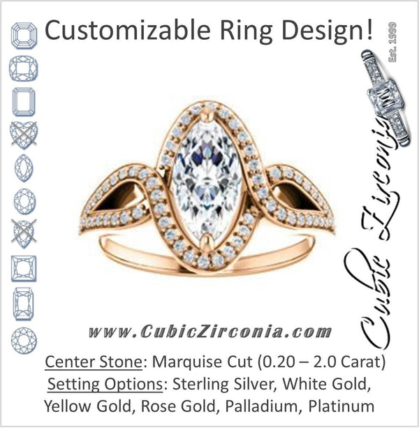 Cubic Zirconia Engagement Ring- The Taylor Ann (Customizable Marquise Cut Center with Twisting Halo & Wide Split-Pavé Band)