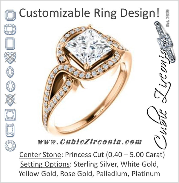 Cubic Zirconia Engagement Ring- The Taylor Ann (Customizable Princess Cut Center with Twisting Halo & Wide Split-Pavé Band)