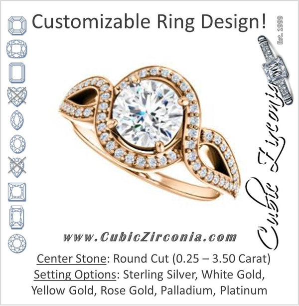 Cubic Zirconia Engagement Ring- The Taylor Ann (Customizable Round Cut Center with Twisting Halo & Wide Split-Pavé Band)