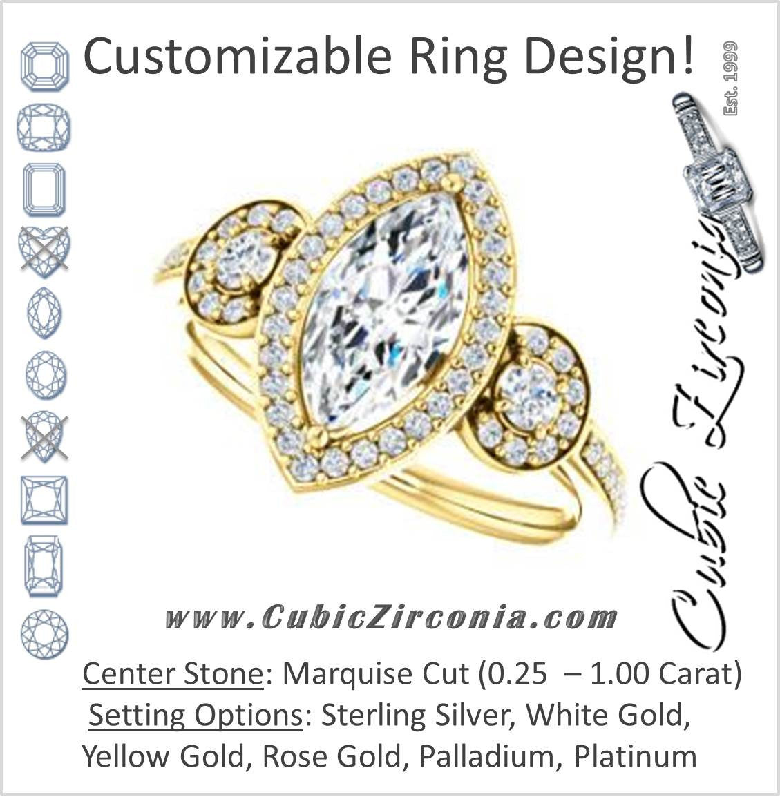 Cubic Zirconia Engagement Ring- The Téa (Marquise Cut Customizable 3-Stone Cathedral-Halo with Accented Band)