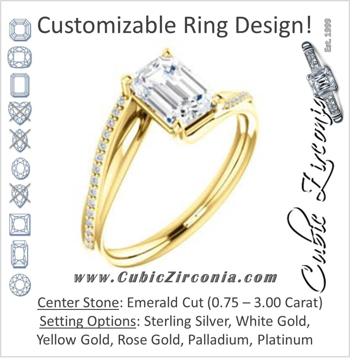 Cubic Zirconia Engagement Ring- The Teena (Customizable Emerald Cut with 3-sided Twisting Pavé Split-Band)