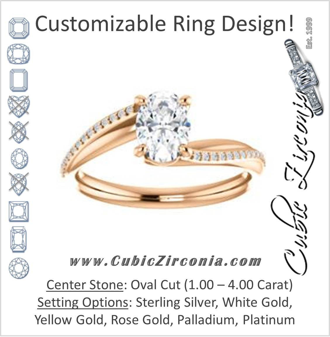 Cubic Zirconia Engagement Ring- The Teena (Customizable Oval Cut with 3-sided Twisting Pavé Split-Band)