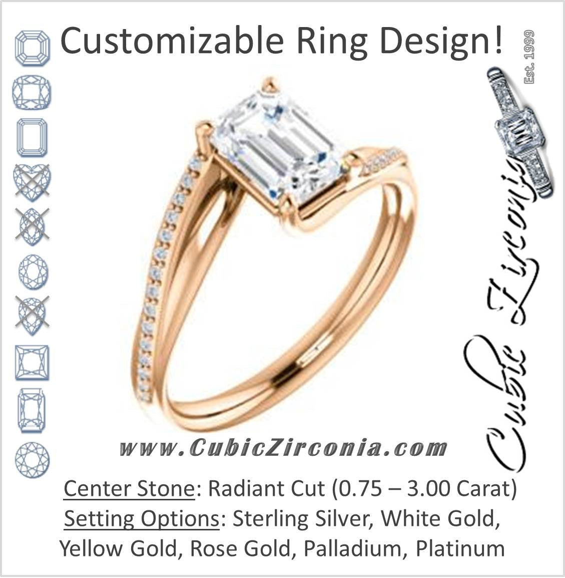 Cubic Zirconia Engagement Ring- The Teena (Customizable Radiant Cut with 3-sided Twisting Pavé Split-Band)