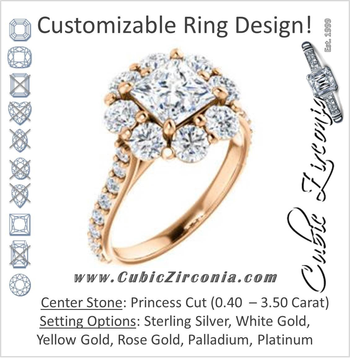 Cubic Zirconia Engagement Ring- The Temeka (Customizable Cathedral-Princess Cut Style featuring Large-Accent Floral Cluster Halo and Thin Pavé Band)
