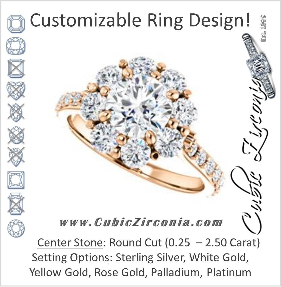 Cubic Zirconia Engagement Ring- The Temeka (Customizable Cathedral-Round Cut Style featuring Large-Accent Floral Cluster Halo and Thin Pavé Band)