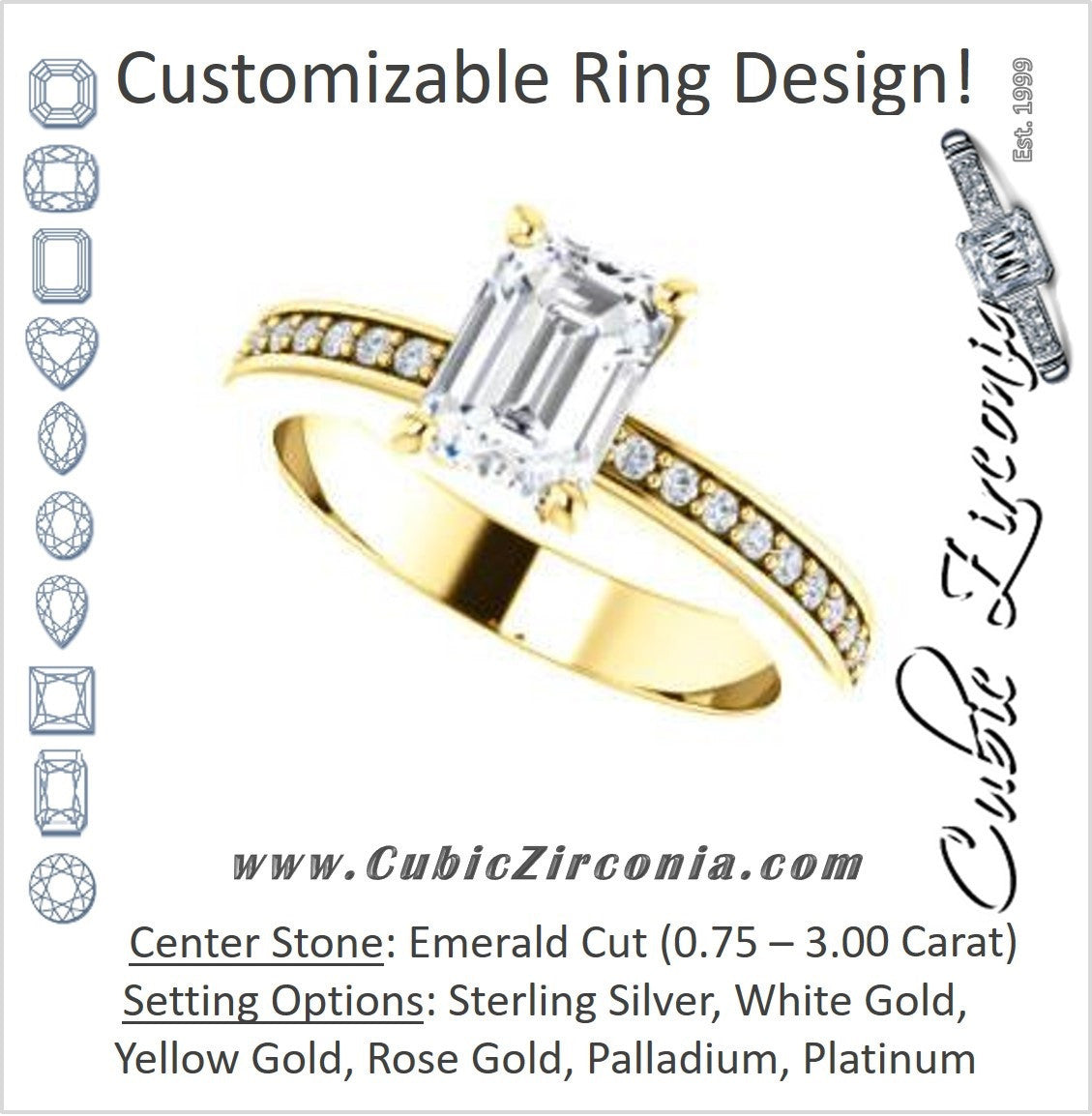 Cubic Zirconia Engagement Ring- The Tesha (Customizable Emerald Cut Design with Pavé Band & Euro Shank)