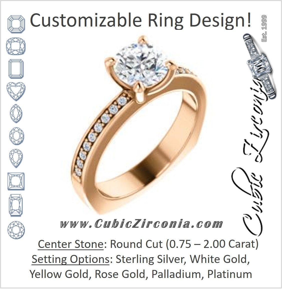 Cubic Zirconia Engagement Ring- The Tesha (Customizable Round Cut Design with Pavé Band & Euro Shank)