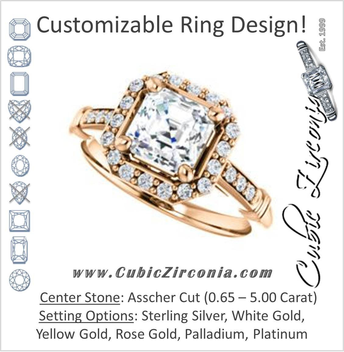 Cubic Zirconia Engagement Ring- The Thelma Ann (Customizable Cathedral-Halo Asscher Cut Design with Thin Accented Band)