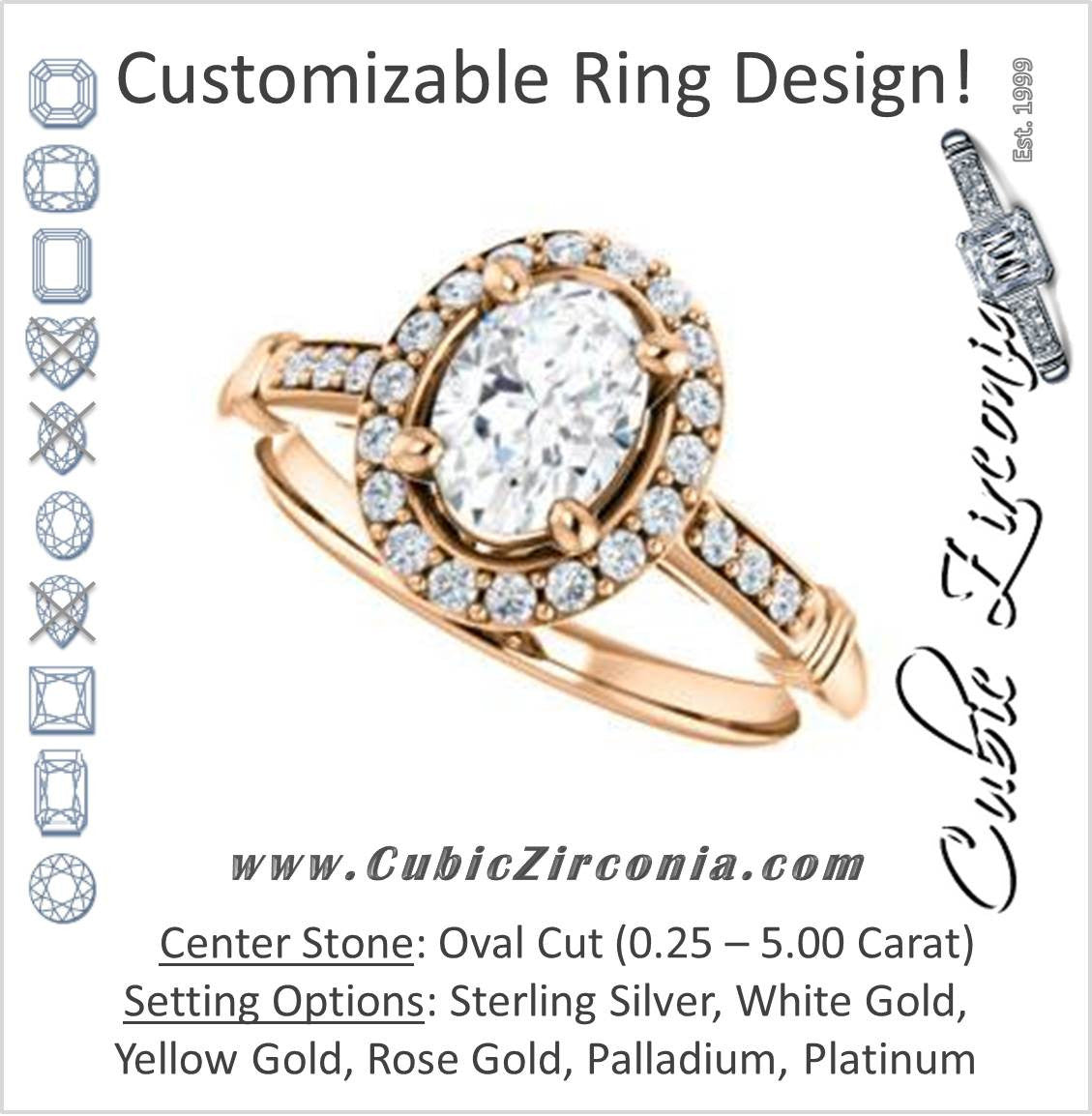 Cubic Zirconia Engagement Ring- The Thelma Ann (Customizable Cathedral-Halo Oval Cut Design with Thin Accented Band)
