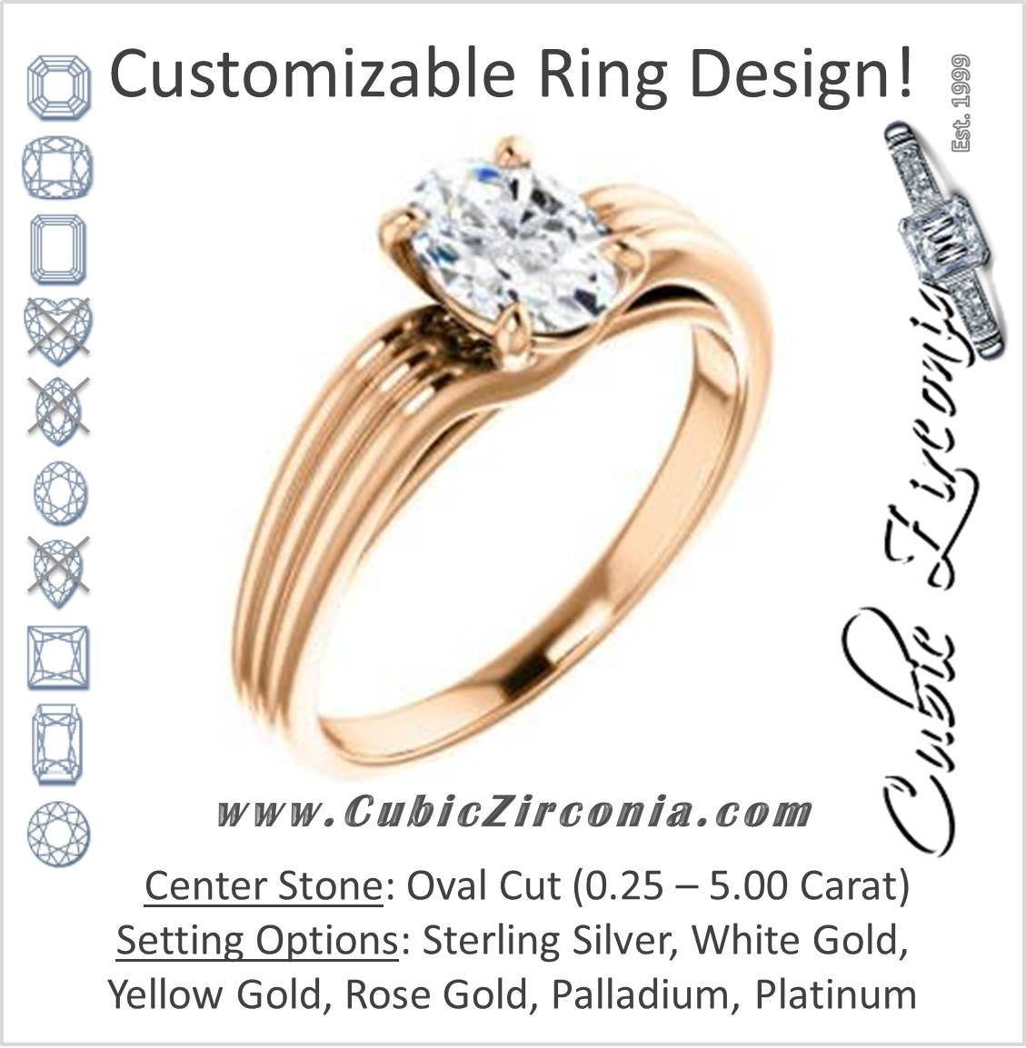 Cubic Zirconia Engagement Ring- The Therese (Customizable Oval Cut Solitaire with Column Motif Double-Grooved-Band)