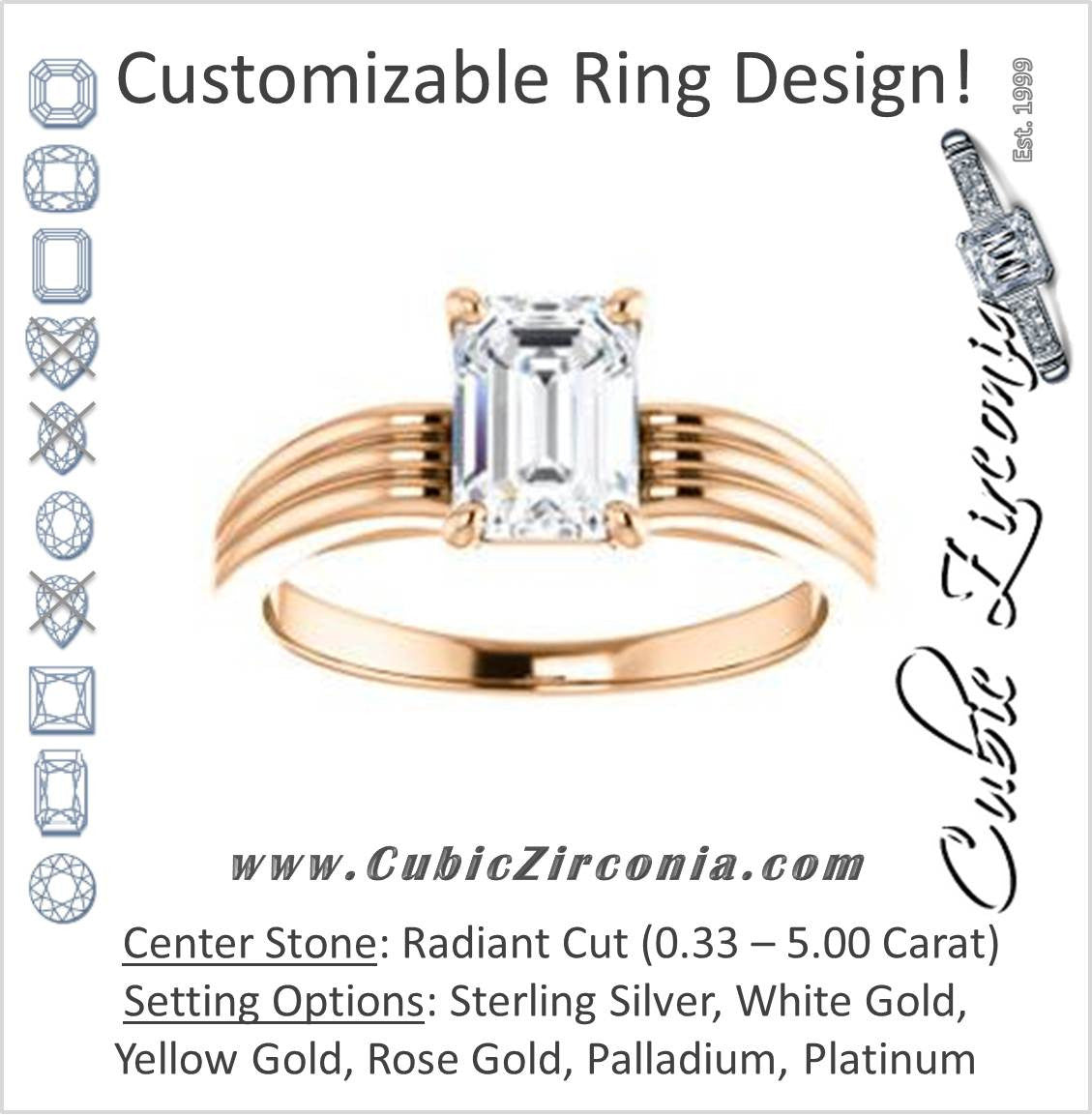 Cubic Zirconia Engagement Ring- The Therese (Customizable Radiant Cut Solitaire with Column Motif Double-Grooved-Band)
