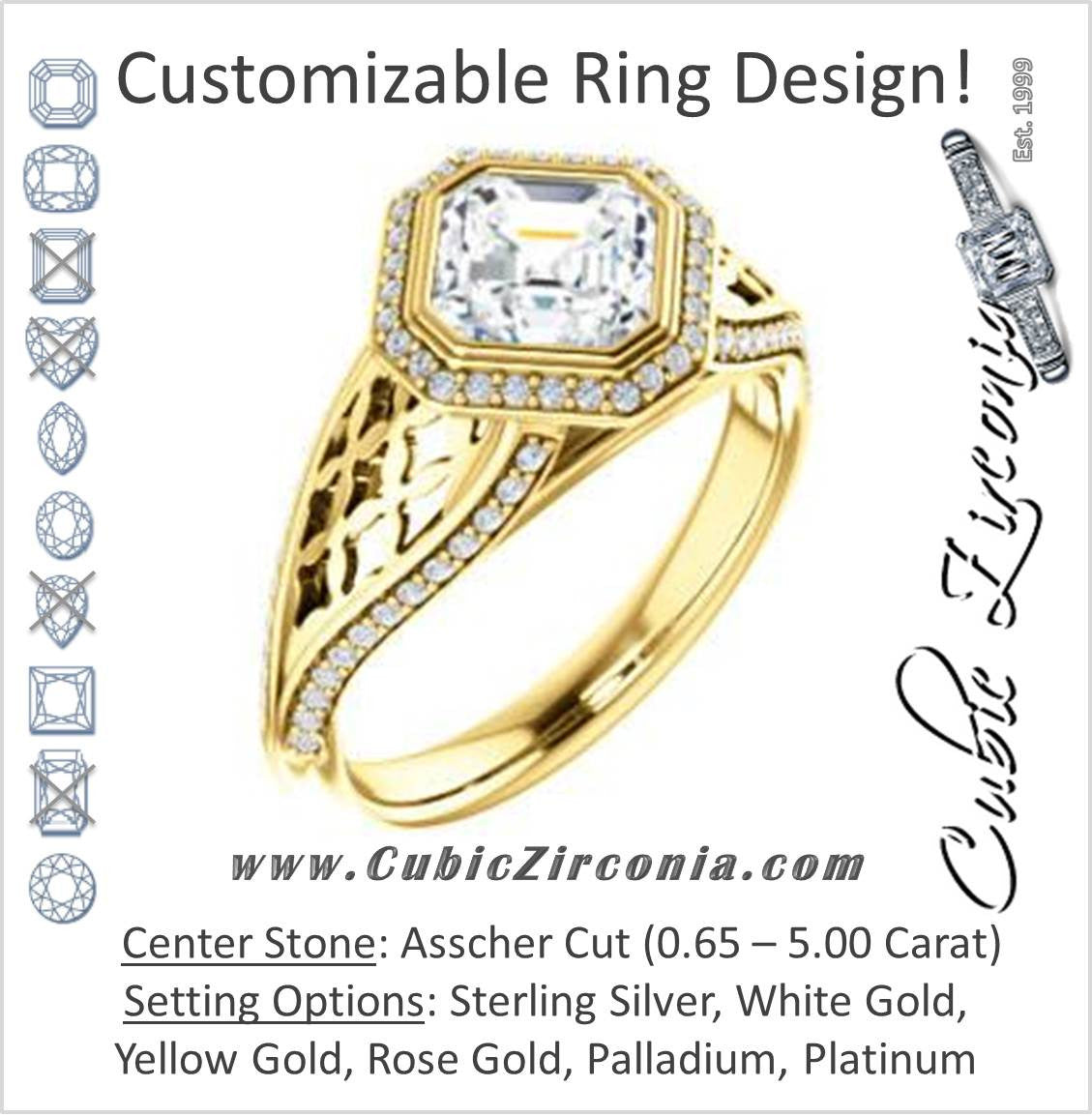 Cubic Zirconia Engagement Ring- The Timothea (Customizable Cathedral-Halo Asscher Cut Design with Three-sided Wide Pavé Artisan Band)