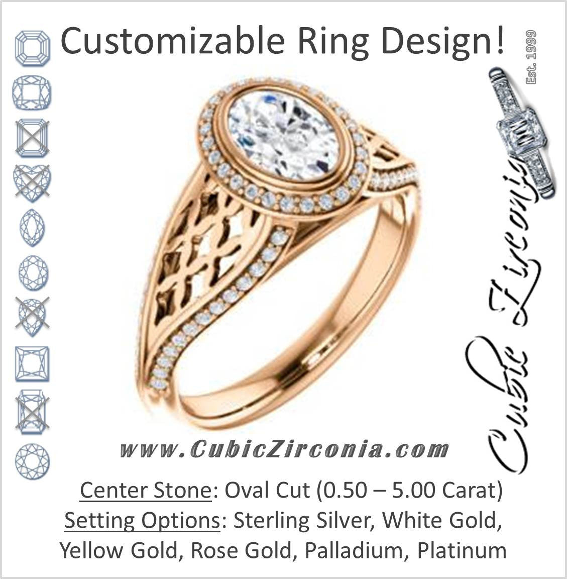 Cubic Zirconia Engagement Ring- The Timothea (Customizable Cathedral-Halo Oval Cut Design with Three-sided Wide Pavé Artisan Band)