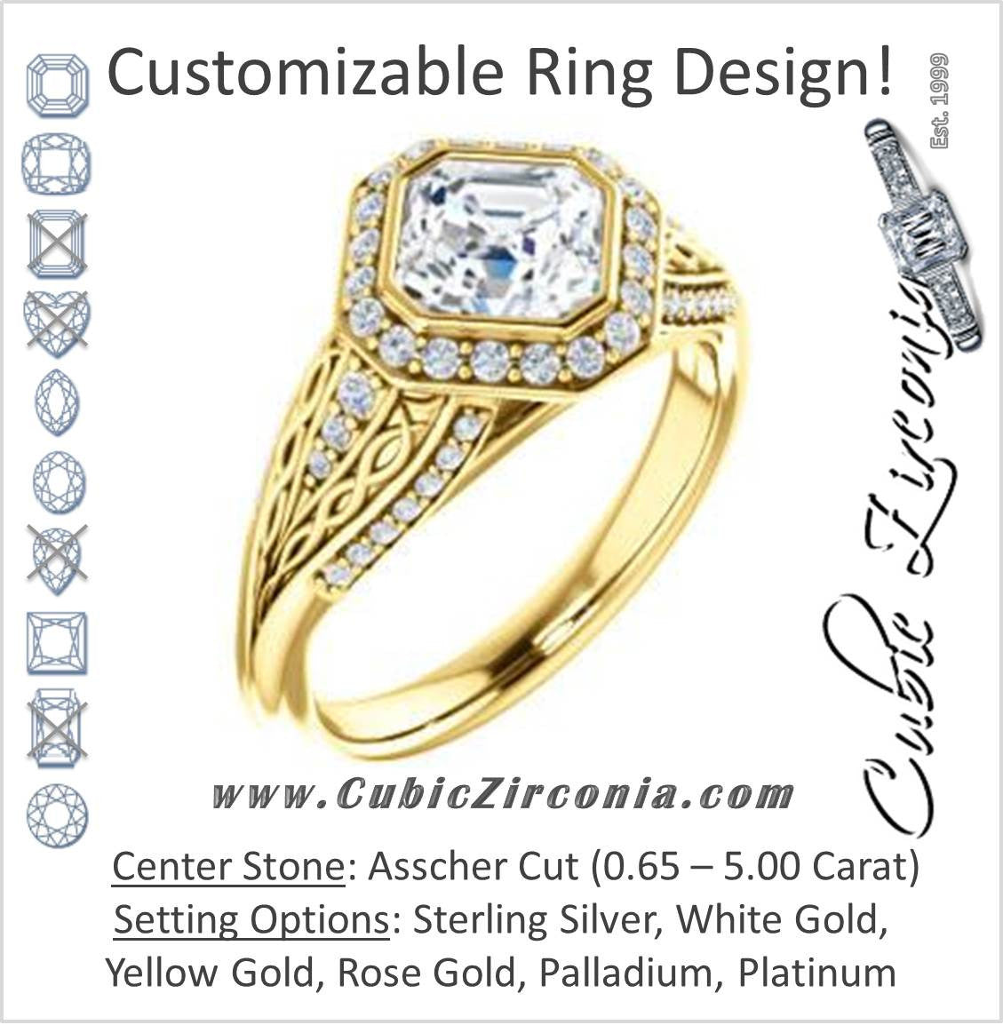 Cubic Zirconia Engagement Ring- The Tisha (Customizable Bezel-Halo Asscher Cut Design with Wide Filigree & Accent Band)