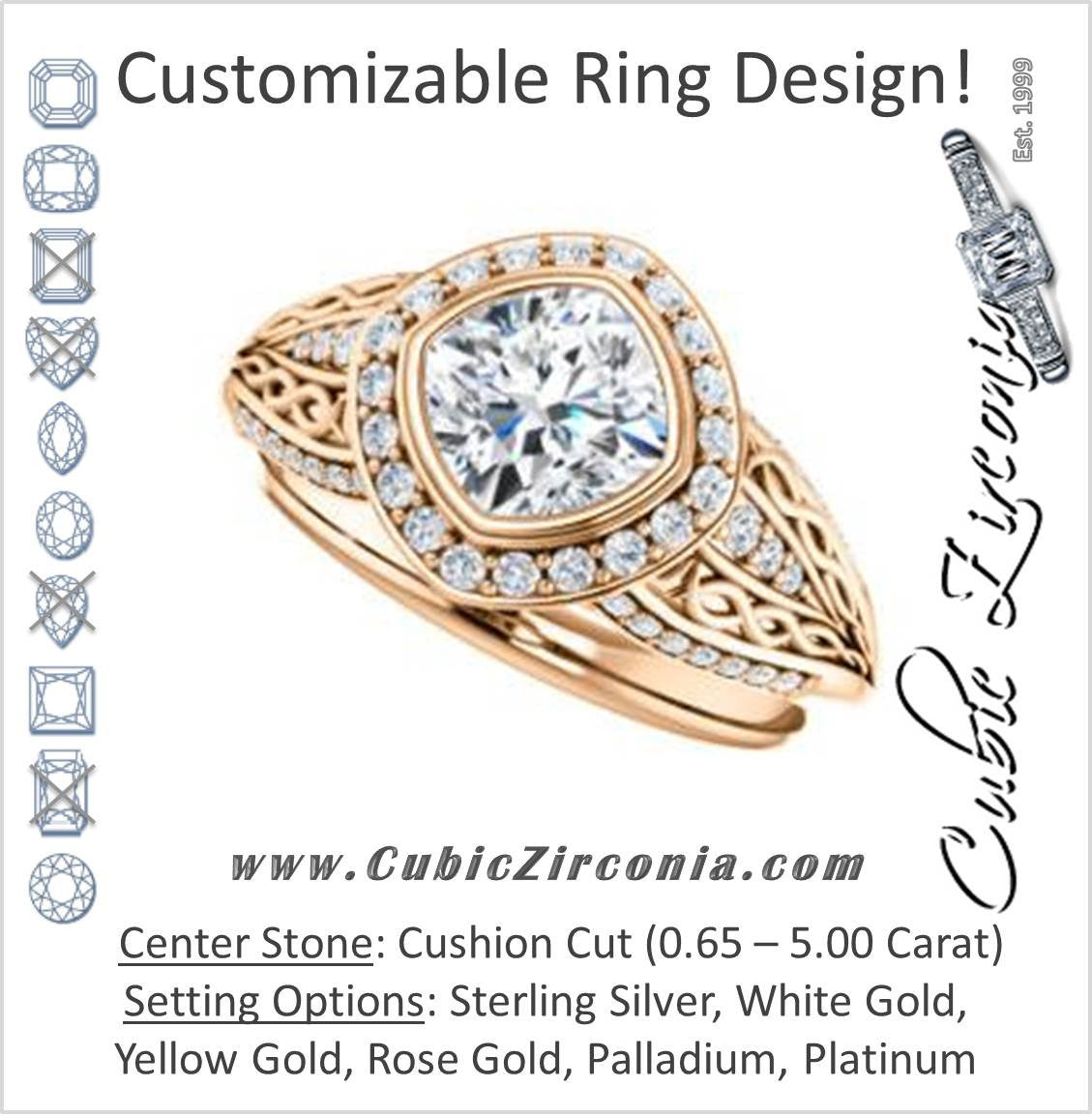 Cubic Zirconia Engagement Ring- The Tisha (Customizable Bezel-Halo Cushion Cut Design with Wide Filigree & Accent Band)