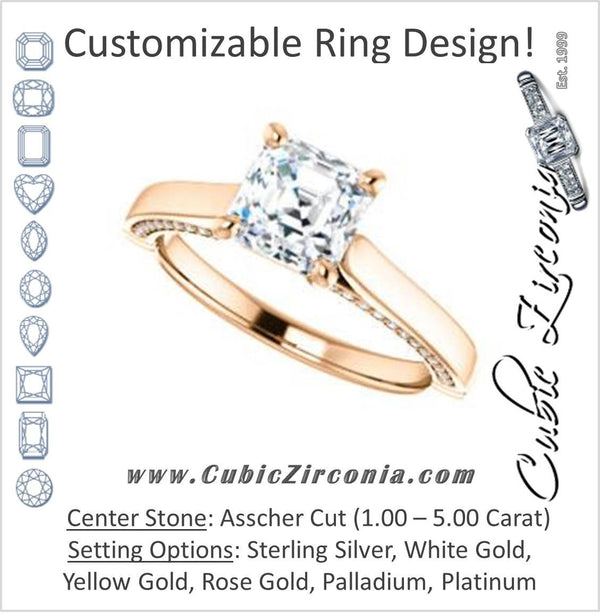 Cubic Zirconia Engagement Ring- The Tonja (Customizable Asscher Cut Semi-Solitaire with Dual Three-sided Pavé Band)