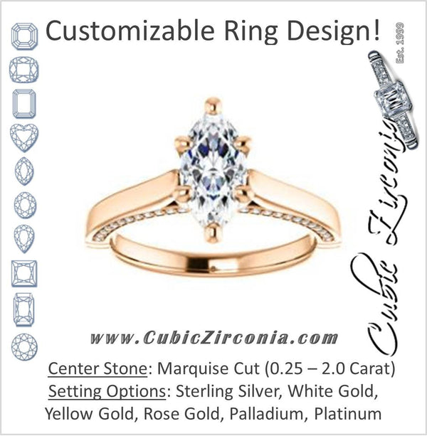 Cubic Zirconia Engagement Ring- The Tonja (Customizable Marquise Cut Semi-Solitaire with Dual Three-sided Pavé Band)