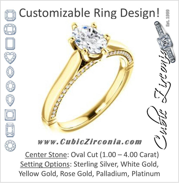 Cubic Zirconia Engagement Ring- The Tonja (Customizable Oval Cut Semi-Solitaire with Dual Three-sided Pavé Band)