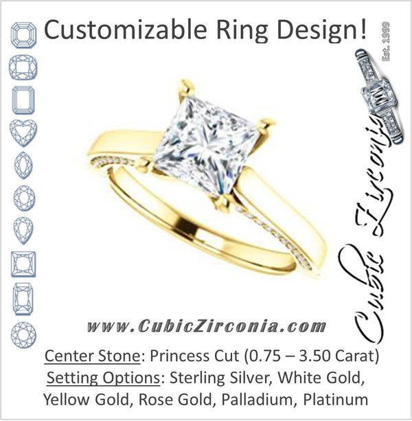 Cubic Zirconia Engagement Ring- The Tonja (Customizable Princess Cut Semi-Solitaire with Dual Three-sided Pavé Band)