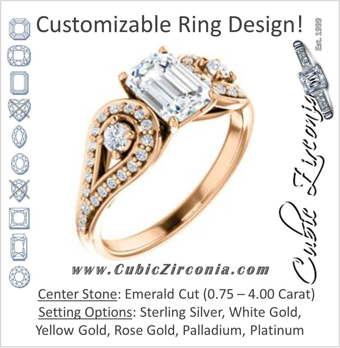 Cubic Zirconia Engagement Ring- The Tonya Laverne (Customizable Emerald Cut Design with Winged Split-Pavé Band)