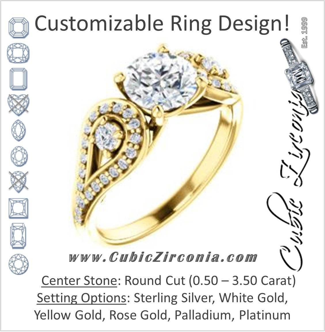 Cubic Zirconia Engagement Ring- The Tonya Laverne (Customizable Round Cut Design with Winged Split-Pavé Band)
