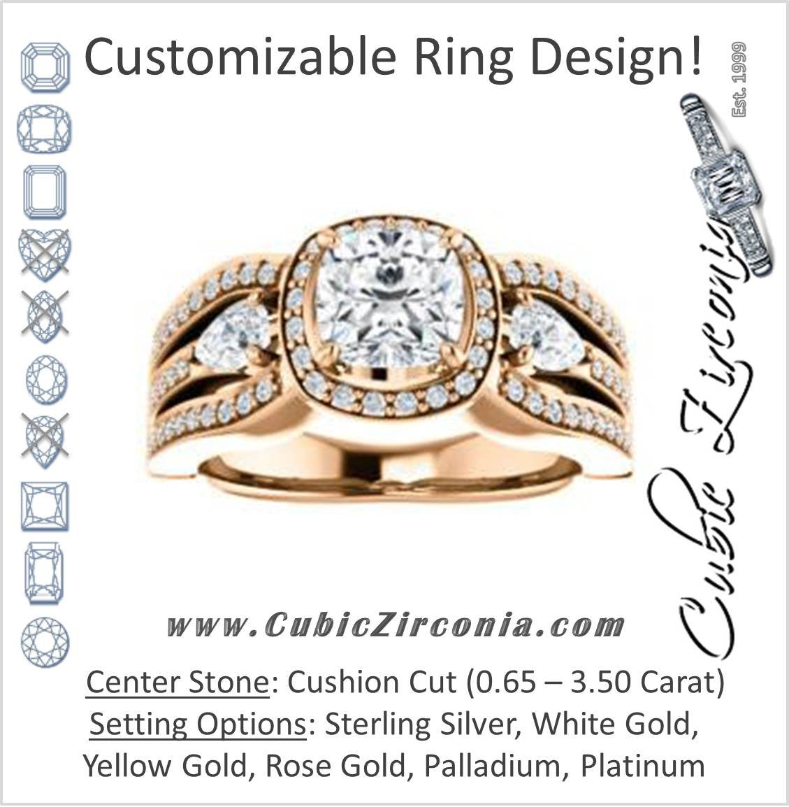 Cubic Zirconia Engagement Ring- The Tricia (Customizable Cushion Cut Ultrawide Split-Pavé-Band Design with Halo & Dual Pear Cut Accents)