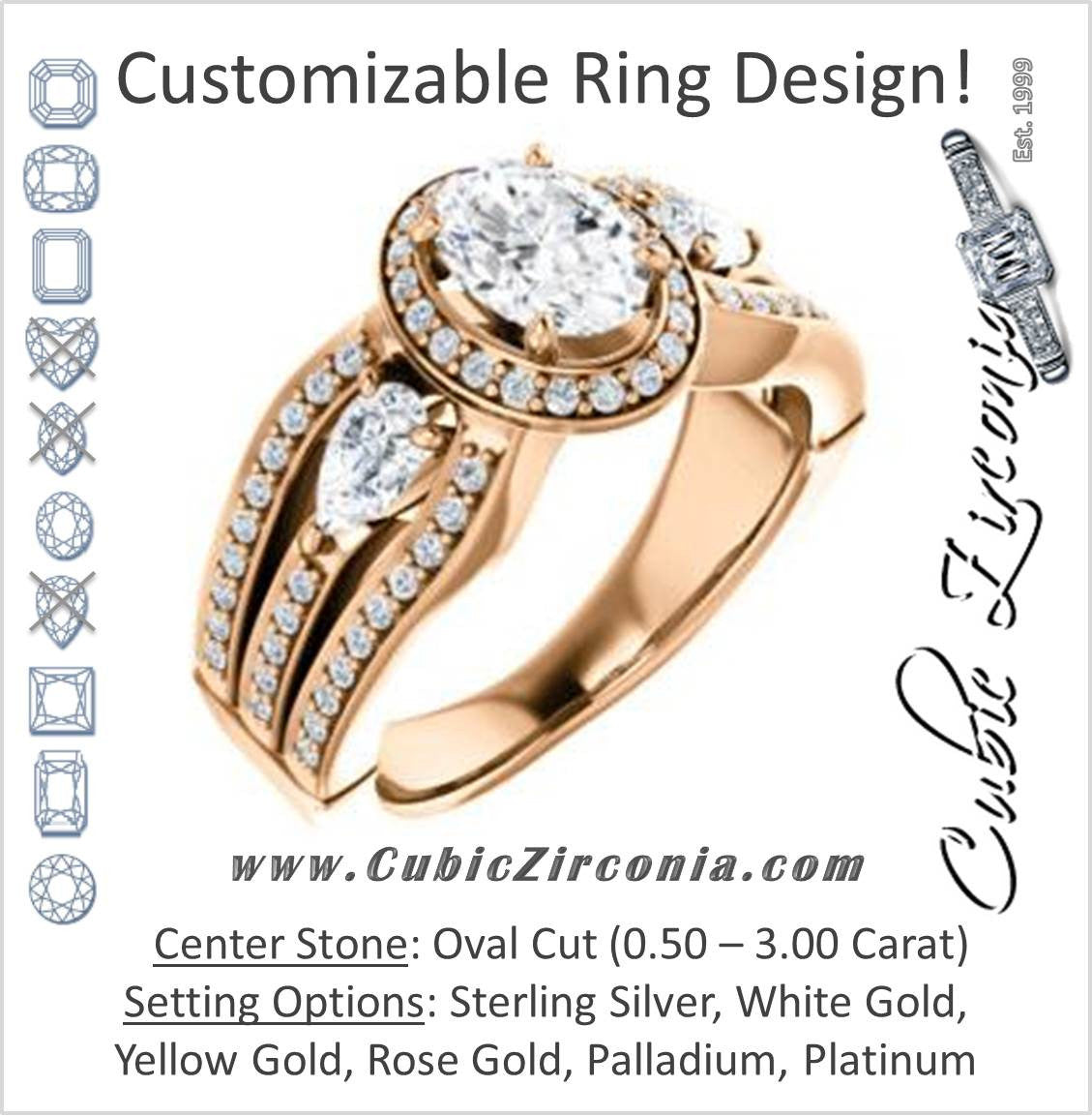 Cubic Zirconia Engagement Ring- The Tricia (Customizable Oval Cut Ultrawide Split-Pavé-Band Design with Halo & Dual Pear Cut Accents)