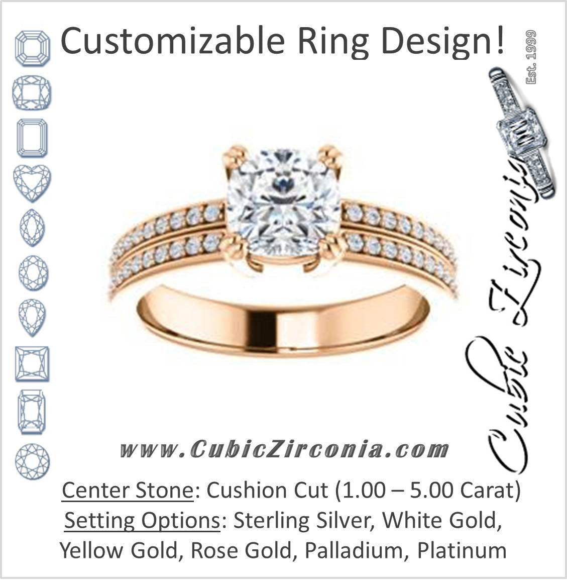 Cubic Zirconia Engagement Ring- The Trudy (Customizable Cushion Cut Style with Wide Double Pavé Band)