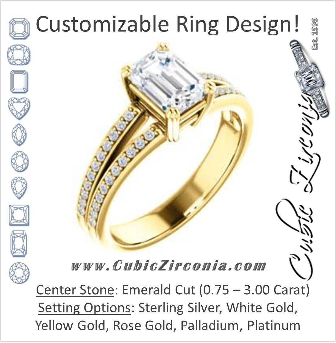 Cubic Zirconia Engagement Ring- The Trudy (Customizable Emerald Cut Style with Wide Double Pavé Band)