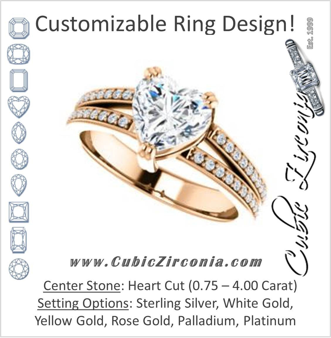 Cubic Zirconia Engagement Ring- The Trudy (Customizable Heart Cut Style with Wide Double Pavé Band)