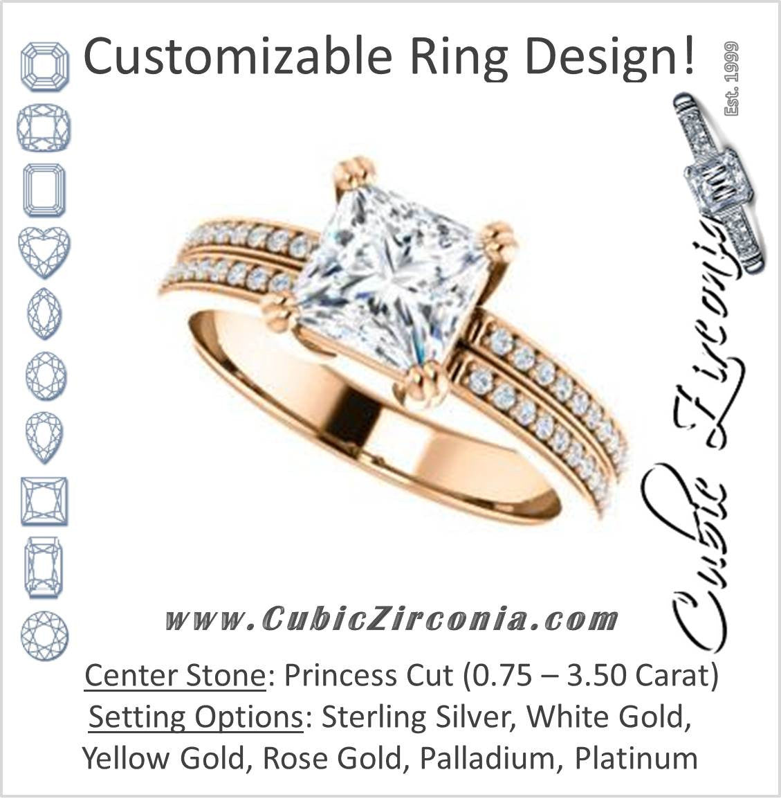 Cubic Zirconia Engagement Ring- The Trudy (Customizable Princess Cut Style with Wide Double Pavé Band)