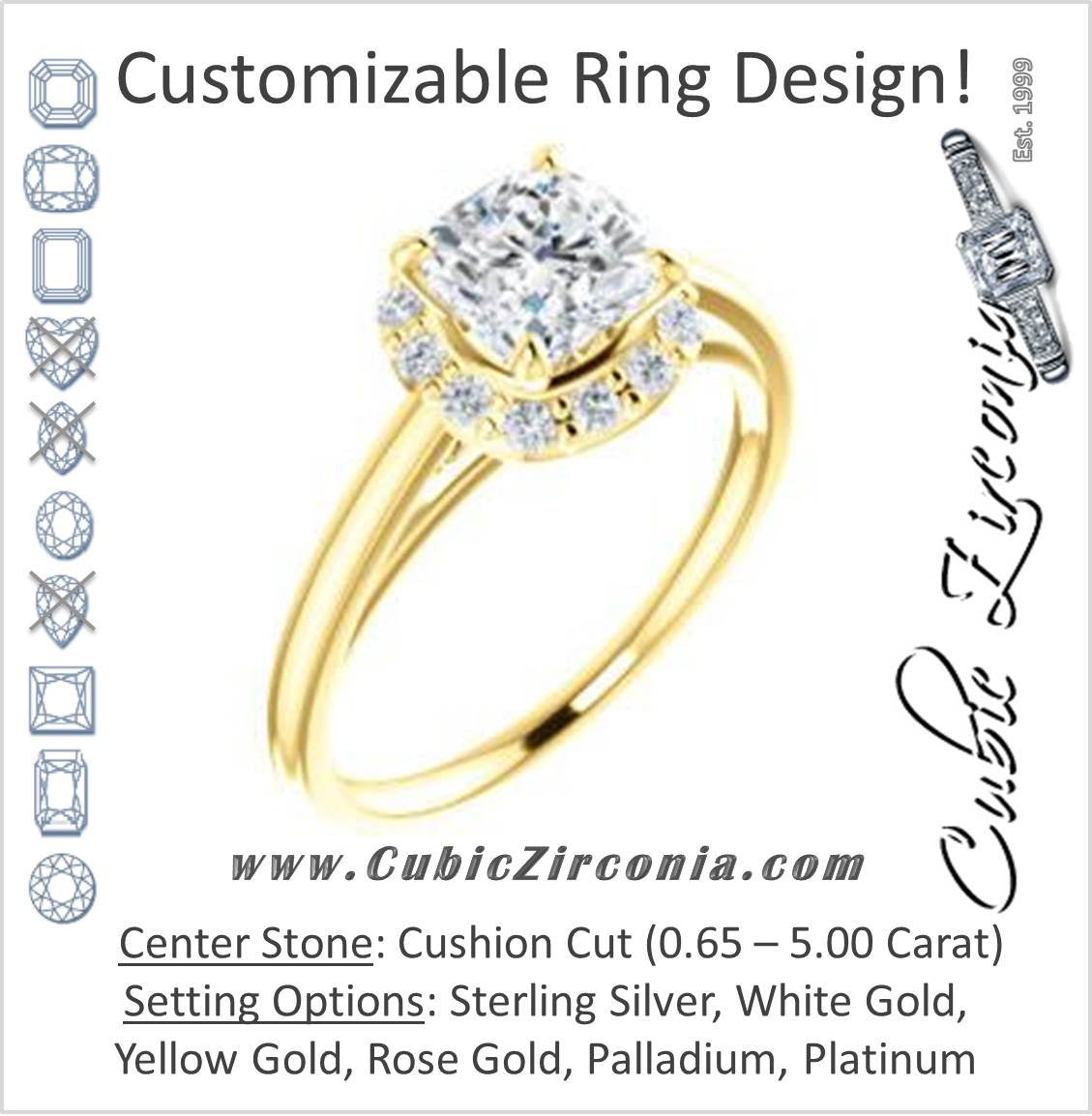 Cubic Zirconia Engagement Ring- The Tyra (Customizable Cathedral-set Cushion Cut Style with Halo, Decorative Trellis and Thin Band)