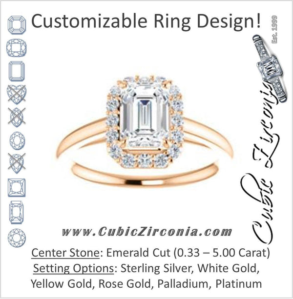 Cubic Zirconia Engagement Ring- The Tyra (Customizable Cathedral-set Emerald Cut Style with Halo, Decorative Trellis and Thin Band)