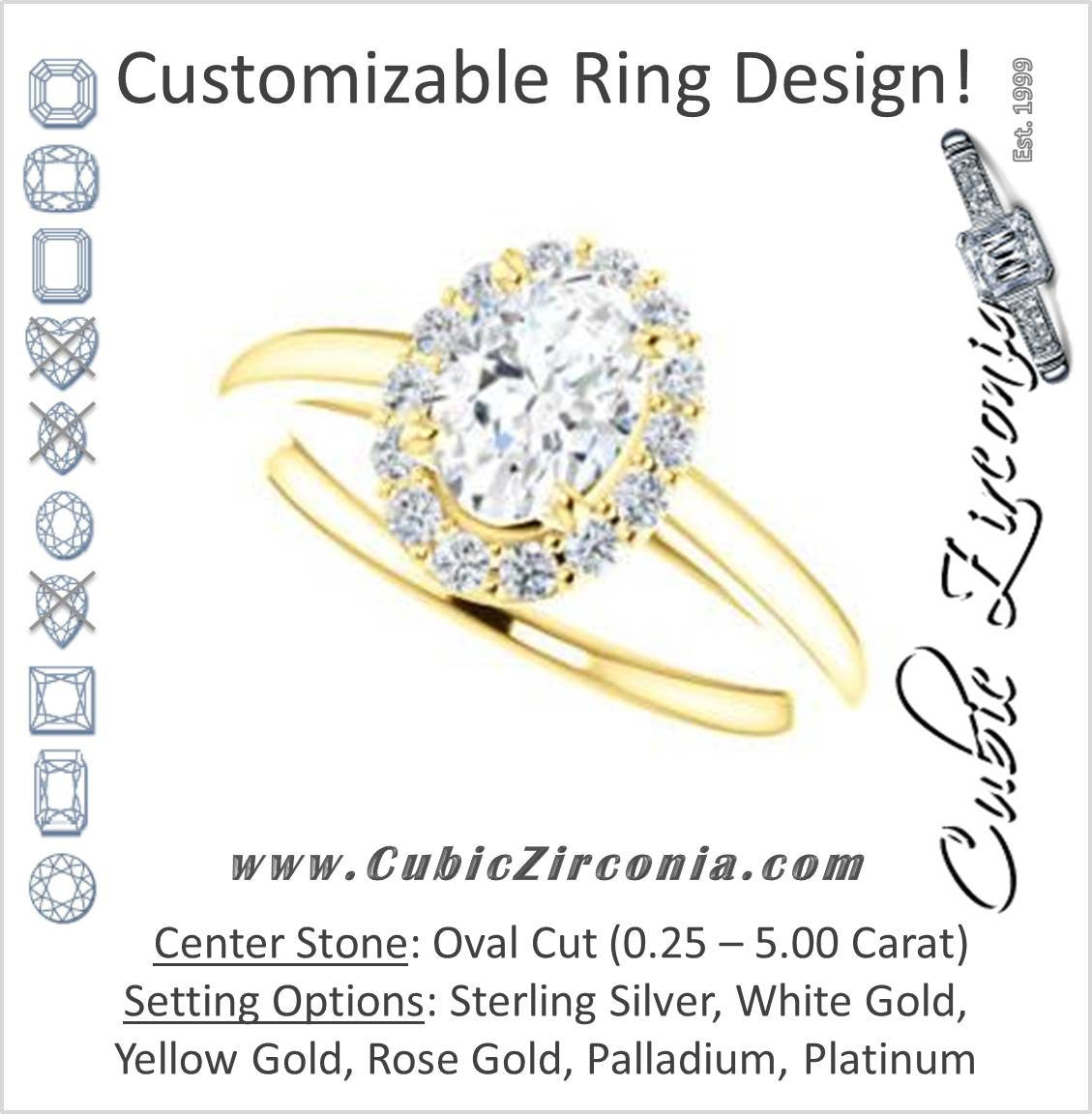 Cubic Zirconia Engagement Ring- The Tyra (Customizable Cathedral-set Oval Cut Style with Halo, Decorative Trellis and Thin Band)