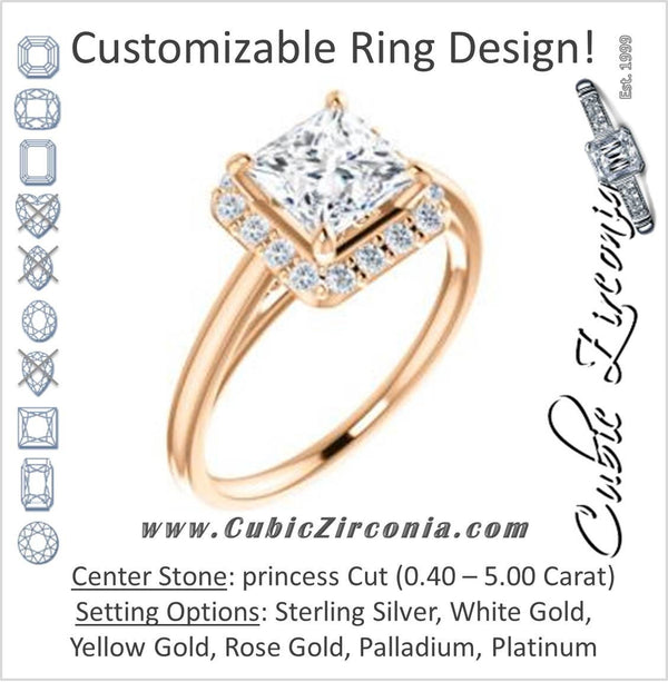 Cubic Zirconia Engagement Ring- The Tyra (Customizable Cathedral-set Princess Cut Style with Halo, Decorative Trellis and Thin Band)
