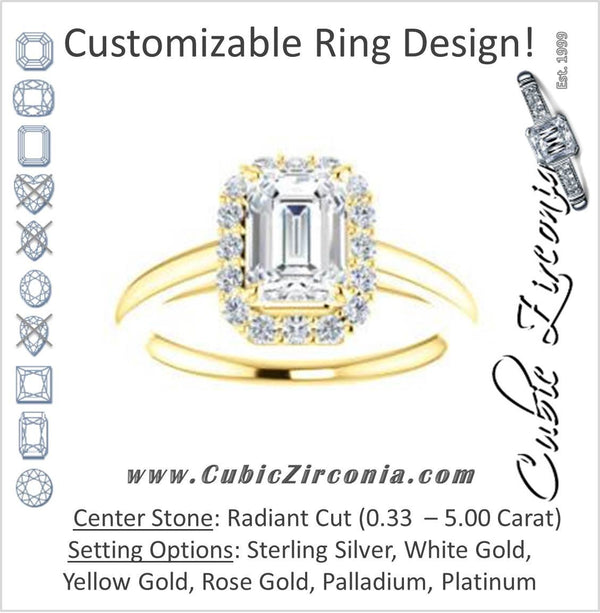 Cubic Zirconia Engagement Ring- The Tyra (Customizable Cathedral-set Radiant Cut Style with Halo, Decorative Trellis and Thin Band)